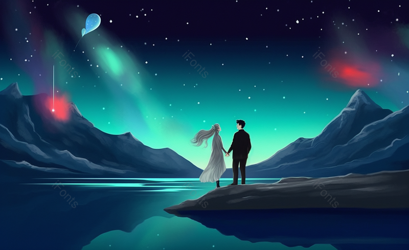 浪漫氛围极光下的情侣插画背景图,插画/手绘图,插画/手绘图库,插画/手绘图下载,插画/手绘